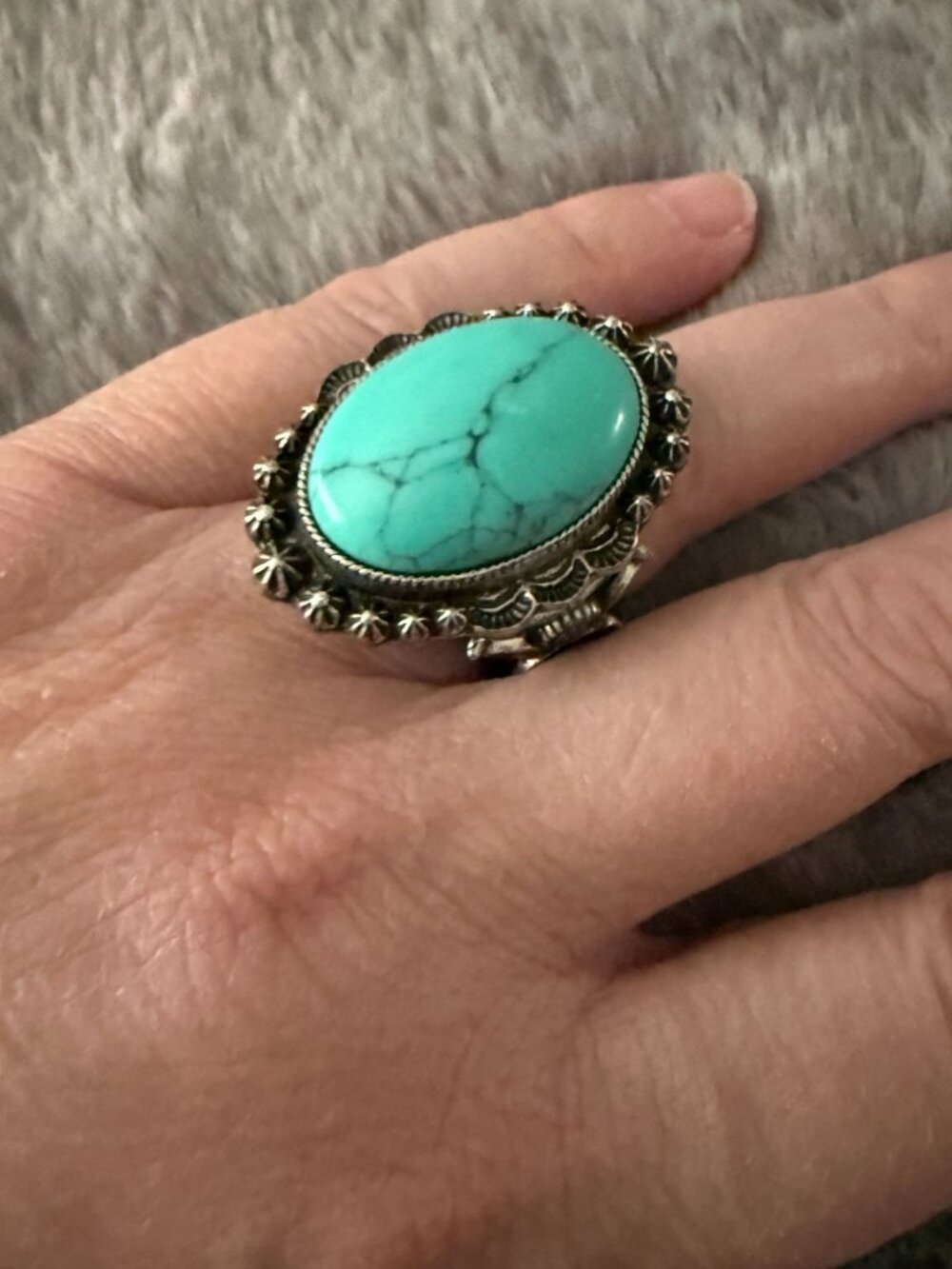 Lucky Brand Faux Turquoise Silver-Tone Statement Ring Sz. 7 Distressed Detailing